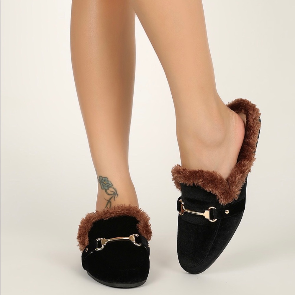Fur Trim Velvet Horsebit Flat Loafers